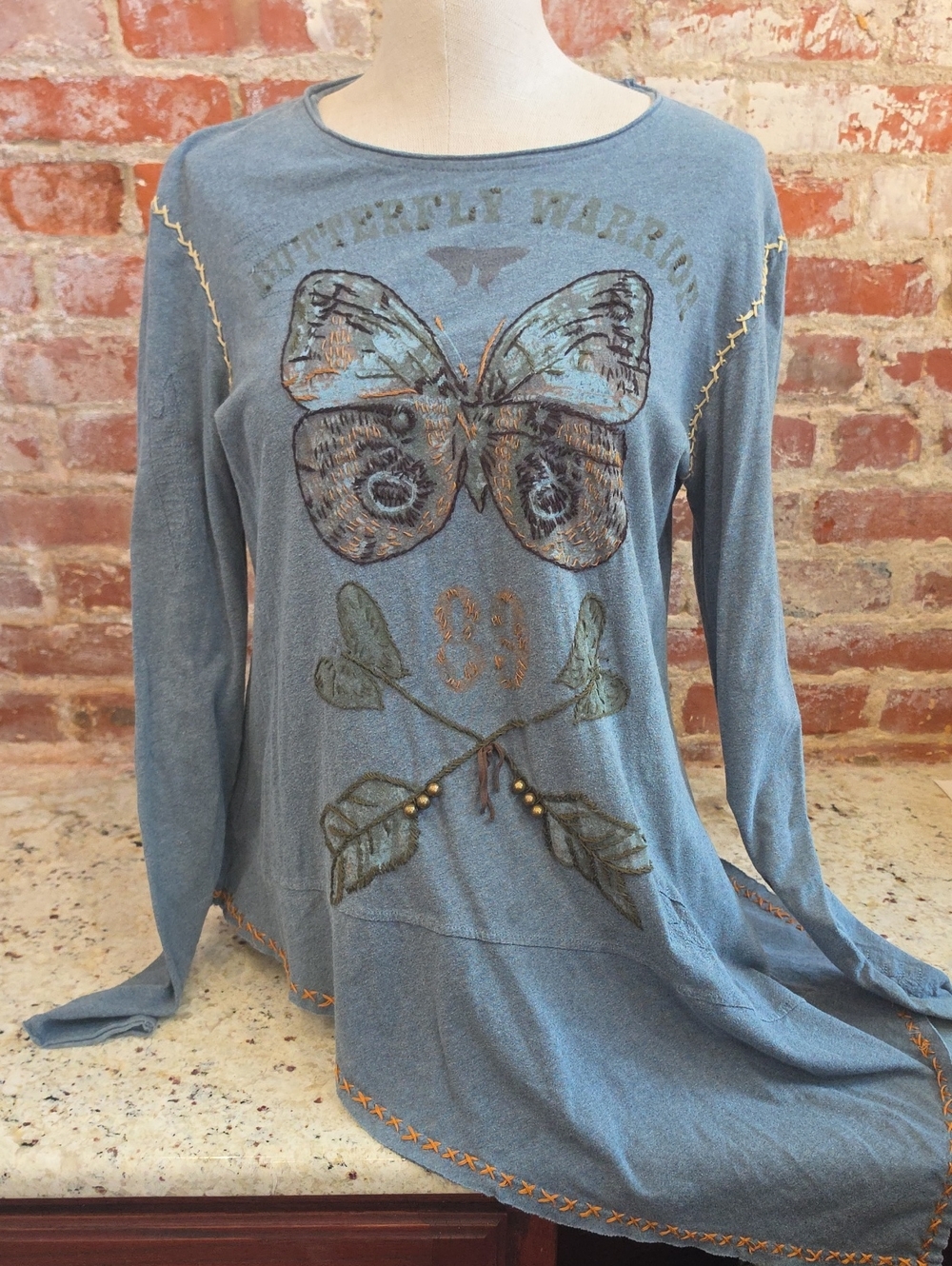 Double D Ranch Dusty Blue Butterfly Embroidered Long Sleeve Top - 1824